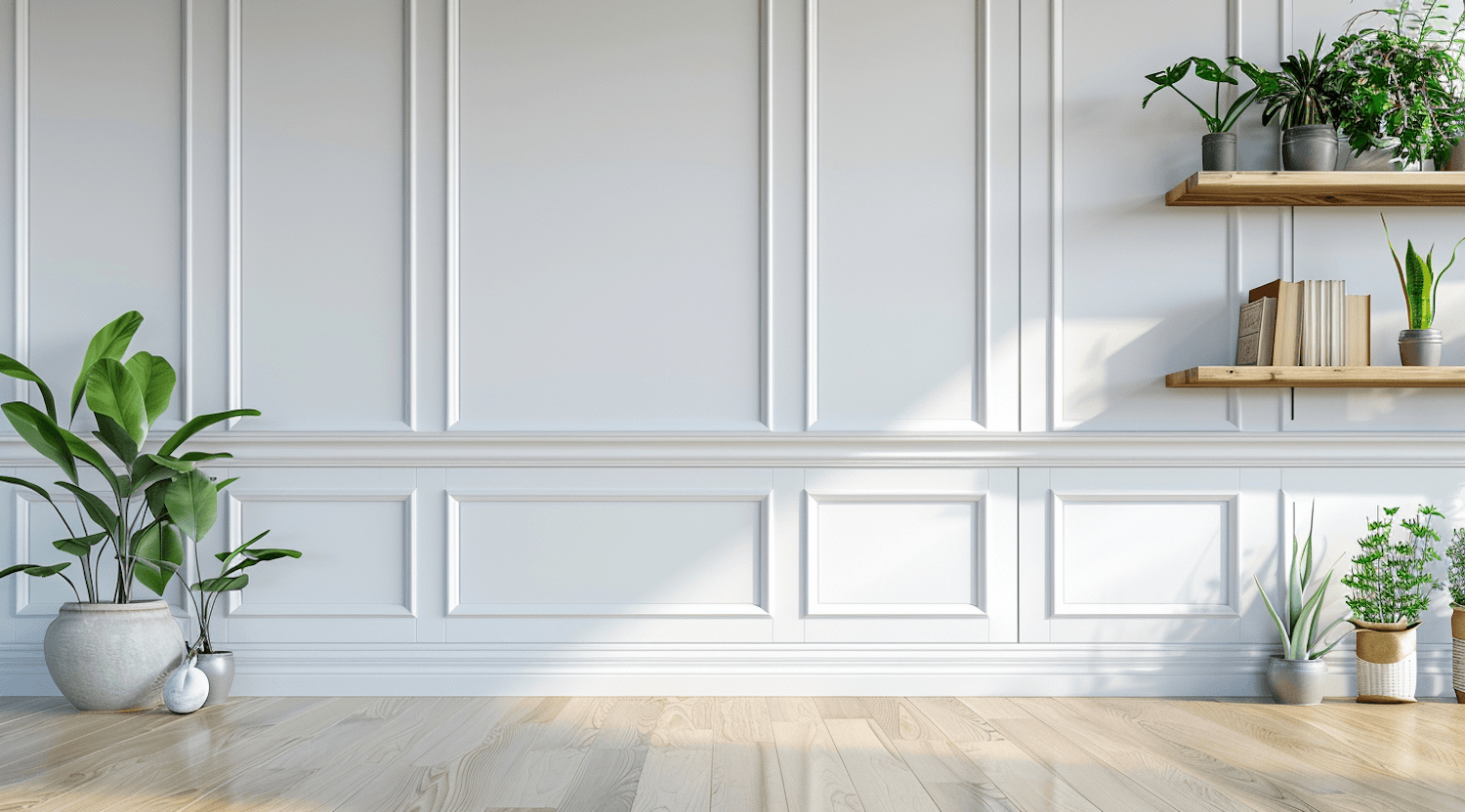 A quiet, sunlit room with plants and wooden shelving
